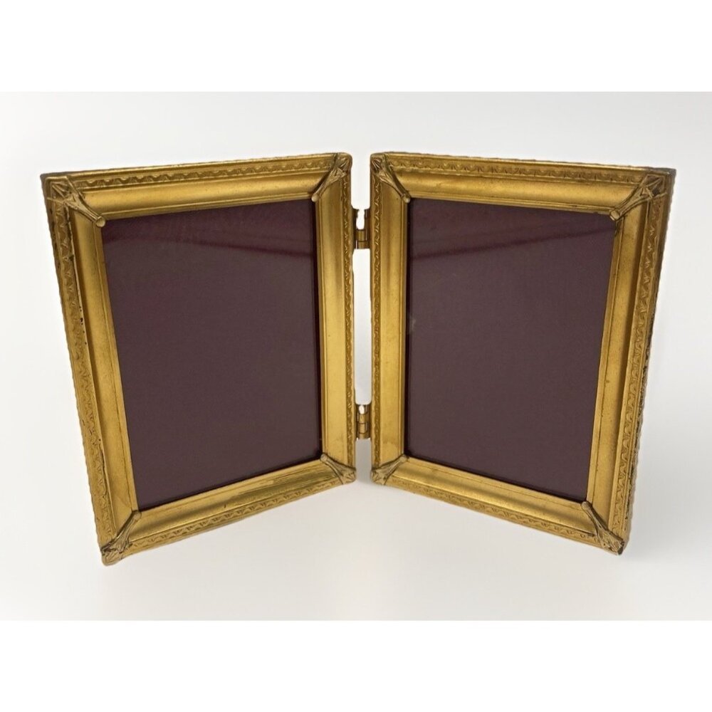 Vintage Gold Double Picture Frame Ornate Hinged Foldable 3.5 x 4.25 Standing